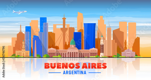 Buenos Aires ( Argentina ) skyline with panorama in white background. Vector Illustration. Business travel and tourism concept with modern buildings. Image for presentation, banner, web site.