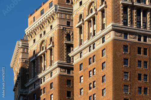Archtectural detail of a Midtown Pre-War building at sunset. Manhattan, New York City