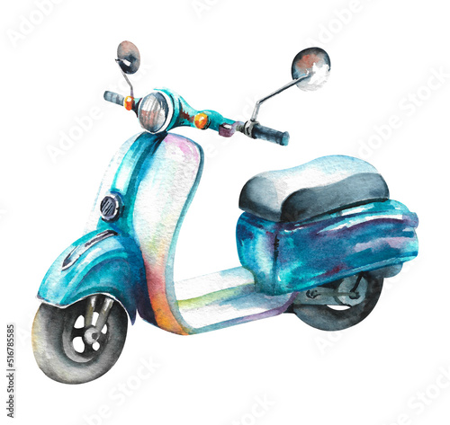 Watercolor scooter. Blue scooter moped in retro style on a white background