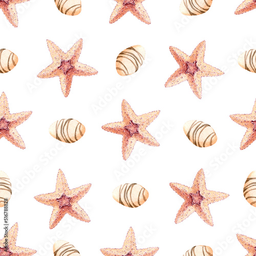 Watercolor seamless pattern of starfish. Marine surface design.