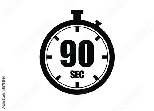 90 Seconds timers clock. Time measure. Chronometer vector icon black isolated on white background.