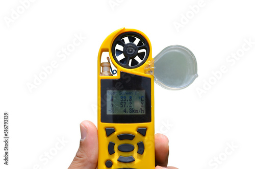 environmental meter from anemometer for measuring the speed of wind, humidity and temperature isolated on white background
