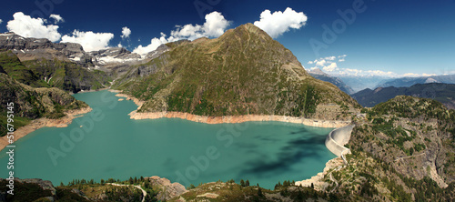 Panoramic view of Mountain lake Emosson with Dam, Valais, Switzerland, Swiss Alps, Barrage d'Emosson.