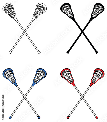 Crossed Lacrosse Stick with Mesh Clipart Set - Outline, Silhouette and Color