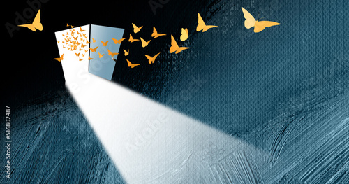 Golden butterflies through open door graphic background