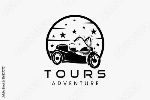 Big motorbike logo design sidecar for travel or adventure, big motorbike silhouette combined with sky and stars in a circle