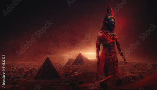 Abstract Egyptian fantasy landscape. The image of a female pharaoh in a mask. Red neon light. Desert with pyramids. Night desert landscape. 3D illustration.