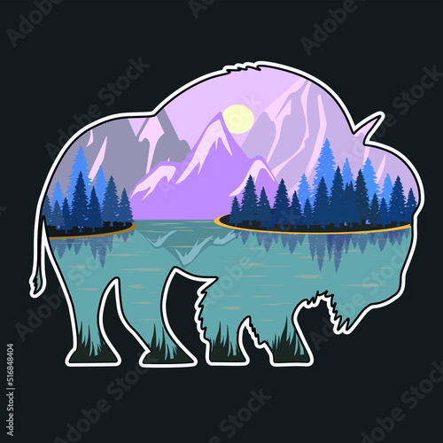 Mountain landscape in the silhouette of a bison. Mountains, lake, forest, wild animals. Stylized vector image
