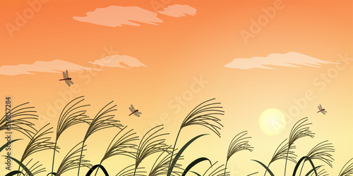 夕焼けのススキとトンボのシルエット風景_背景（2：1）_ベクターイラスト