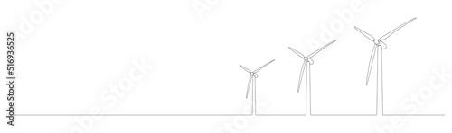 continuous single line drawing of wind turbines, renewable energy line art vector illustration
