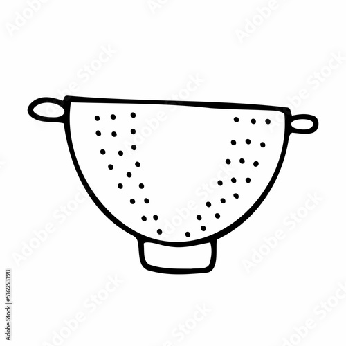 Doodle colander with handles image. Hand-drawn sifting dish. Outline sieve, skimmer, strainer isolated on white background. Sifting sign. line Cooking cute utensils symbol. Vector food illustration