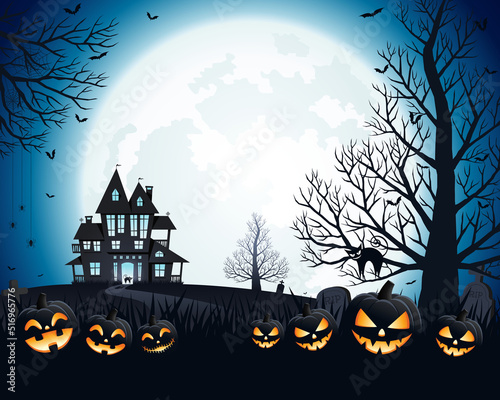 Halloween pumpkins, spooky trees and haunted house with moonlight on blue background.