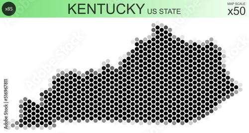 Dotted map of the state of Kentucky in the USA, from circles placed in hexagons. Scaled 50x50 elements. With rough edges from a grayscale gradient on a white background.