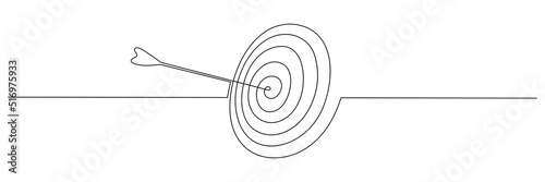 Target with arrow continuous line drawing. Hand drawn linear goal circle. Vector illustration isolated on white.