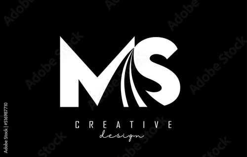 Creative white letters MS m s logo with leading lines and road concept design. Letters with geometric design.