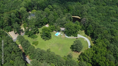 Bird's eye view of Lystra Estate in Chapel Hill, NC surrounded by green forests