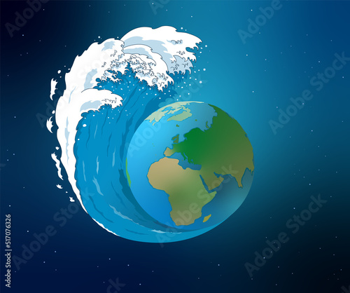 Illustration vectorielle représentant la planète submergée par un tsunami géant. Catastrophe naturelle provoquée par le réchauffement climatique.