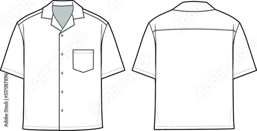 Camp Button Shirt Short Sleeve Flat Technical Drawing Illustration Blank Mock-up Template for Design and Tech Packs CAD Technical Sketch