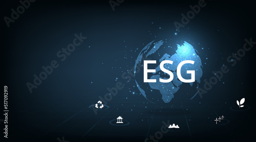  Environmental Social and Governance concept (ESG).The company development of a nature conservation strategy and Solving environmental, social and management problems with figure icons. 