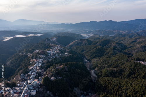 Mountains of Nara Japan, Spring Evening Aerial View of Yoshino