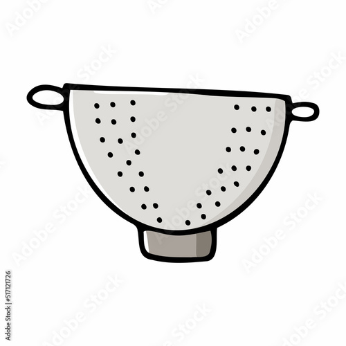 Doodle colander with handles image. Hand-drawn sifting dish. Silver sieve, skimmer, strainer isolated on white background. Sifting sign. line Cooking cute utensils symbol. Vector food illustration