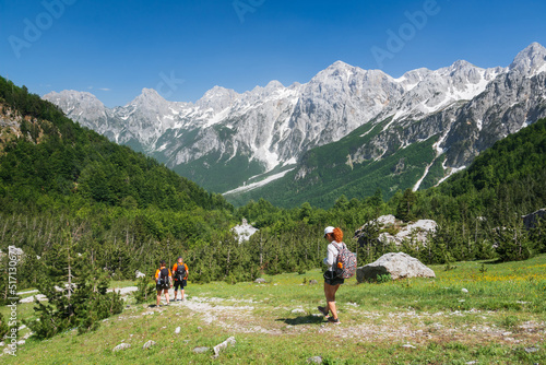 A group of hikers walks in the mountains of Albania. Mountains on the north Albania
