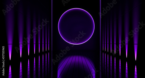 Empty dark futuristic gloomy room with floor and neon purple lighting. Sci Fi room with floor reflections illuminated on the surface of the walls and a neon glowing circle. 3D render.