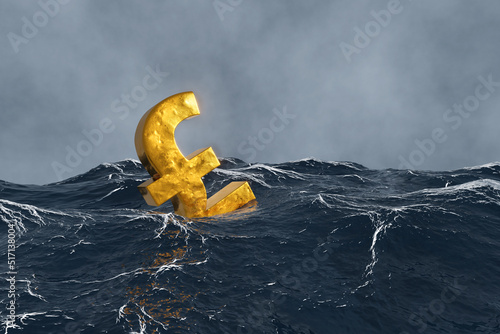 Golden pound sign floating in the fierce ocean. Illustration of the concept of financial fluctuation of British currency.