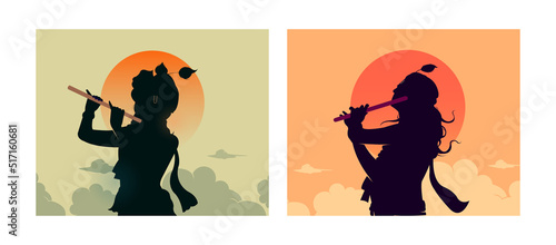 Happy Janmashtami text with Lord Krishna playing flute vector illustration background, The Indian festival Janmashtami celebration banner, digital post, poster, and card design