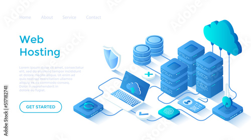 Web hosting, Сloud computing storage, Database, Network connection. Hosting servers, computer, cloud. Landing page template for web on white background.