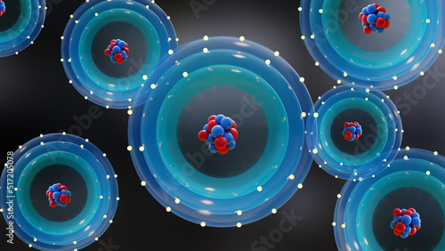 Atom anatomy, Atomic model or structure, electrons orbiting the nucleus particles, Single atom and its electron cloud. Quantum mechanics and atomic, Neutrons and protons, 3d render