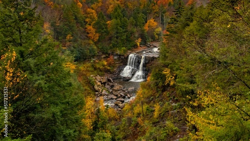 Aerial view of Blackwater Falls with the autumn forest around in State Park in West Virginia