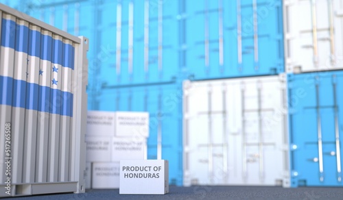 PRODUCT OF HONDURAS text on the cardboard box and cargo terminal full of containers. 3D rendering