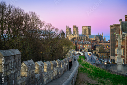 The city of York in England with its medieval wall and the York Minster at sunset