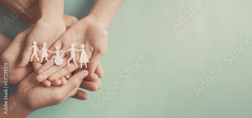 Hands holding diversity family, happpy carer and volunteer, disable nursing home, rehabilitation and health insurance concept