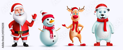 Christmas characters vector set design. Santa claus, reindeer, snowman and polar bear 3d christmas character with cute and friendly pose and expressions for xmas season collection. Vector illustration