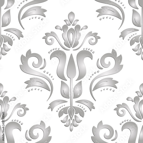 Seamless oriental ornament. Silver traditional oriental pattern with 3D elements, shadows and highlights