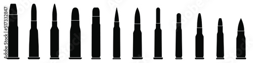 Bullet icon isolated. Various of military cartridge. Military ammunition. Bullet or patron silhouette. Vector illustration.