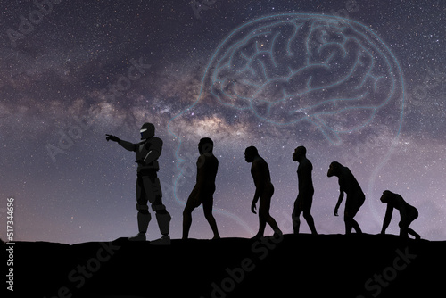 Human evolution, natural selection, from monkeys to modern humans, spaceman. Anthropology and genetic heritage, against the background of the starry sky, milky way