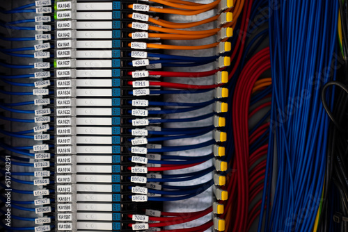 Electrical wiring harnesses connected to terminals in the control cabinet of an industrial machine. Cable ends marked with descriptions