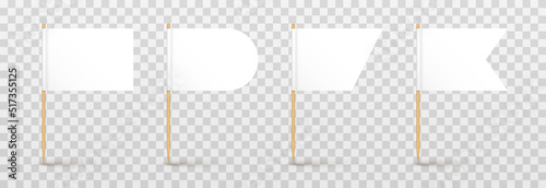 Vector set of realistic toothpicks png. Toothpicks with a white flag on an isolated transparent background. Rectangular, triangular, flags on a wooden stick png.