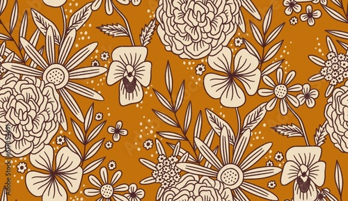 Vintage seamless floral pattern. Retro 70s style nostalgic trendy textile bold background. Summer Resort Print.