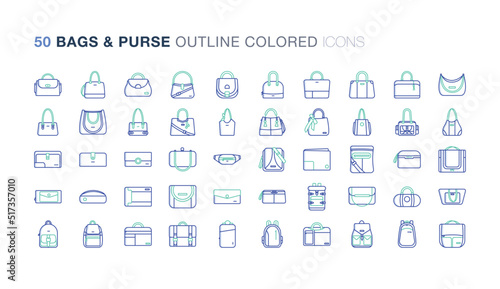 Bags and Purse Outline Colored icon set