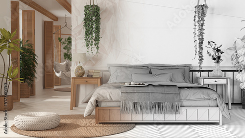 Architect interior designer concept: hand-drawn draft unfinished project that becomes real, farmhouse wooden bedroom in boho style. Bed and potted plants. Shutters and wallpaper