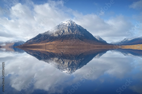 Buachaille Etive Mor aerial during autumn reflection on still river