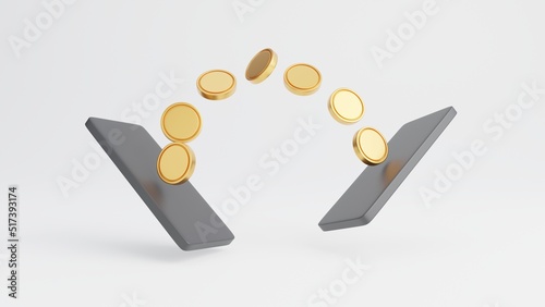 Trendy finance with Mobile, Money transfer on smartphones, Coins moving from one mobile phone to other, Sending and receiving money wirelessly, 3d rendering concept, Mobile wallet