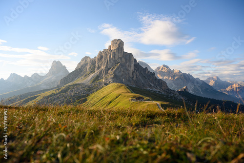Stunning view of the Giau pass during a beautiful sunset. The Giau Pass is a high mountain pass in the Dolomites in the province of Belluno, Italy.