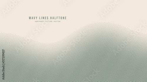 Wavy Ripple Lines Halftone Engraving Pattern Abstract Vector Harmony Rhythm Curved Pale Green Border Isolated On Light Background. Half Tone Art Graphic Aesthetic Neutral Wallpaper. Bent Form Backdrop