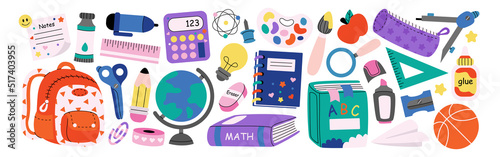 Set of study school supplies: backpack, pencils, brushes, paints, ruler, sharpener, stickers, calculator, books, glue, globe. Children's cute stationery subjects. Back to school. Flat illustration.