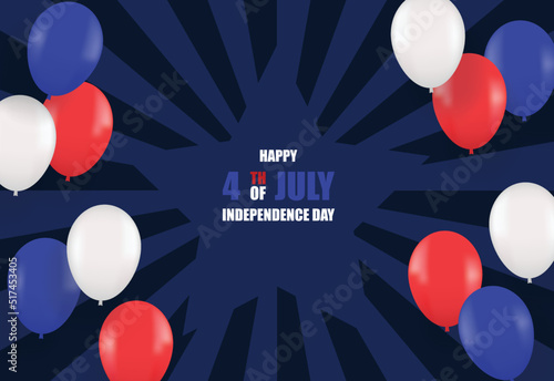 Happy 4th of July USA Independence Day. Design with balloons american flag color background. Vector.